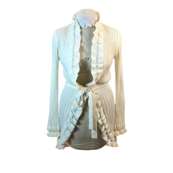 Questions By Who? Sweaters - Questions By Who? Ruffled Open Front Belted Cardigan Sweater Ivory XL